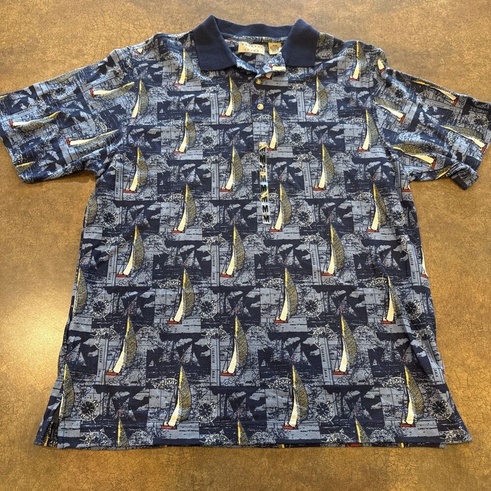 VINTAGE Natural Issue Men Polo Shirt Medium Blue Sailboat All Over Print 90s NEW